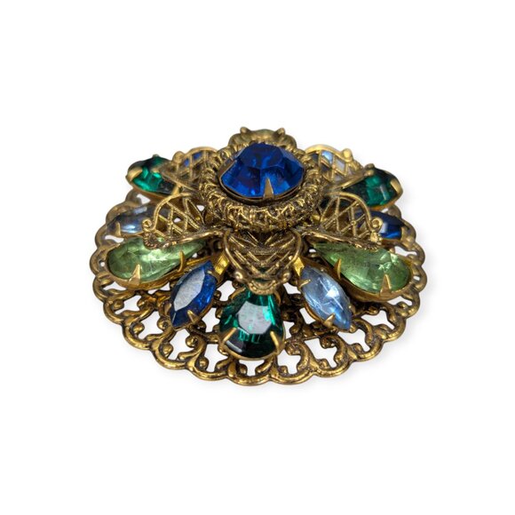 Vintage 1940s Antique Gold Tone Domed Pin with Blue & Green Gems - Picture 3 of 9